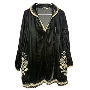 Soft Surroundings Womens XL Black Crushed Velvet Gold Embroidered Boho Tunic